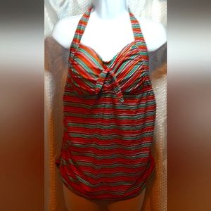 Maternity Motherhood Tankini, Women, Beach Bump, Red Striped, Large, Ocean, Pool